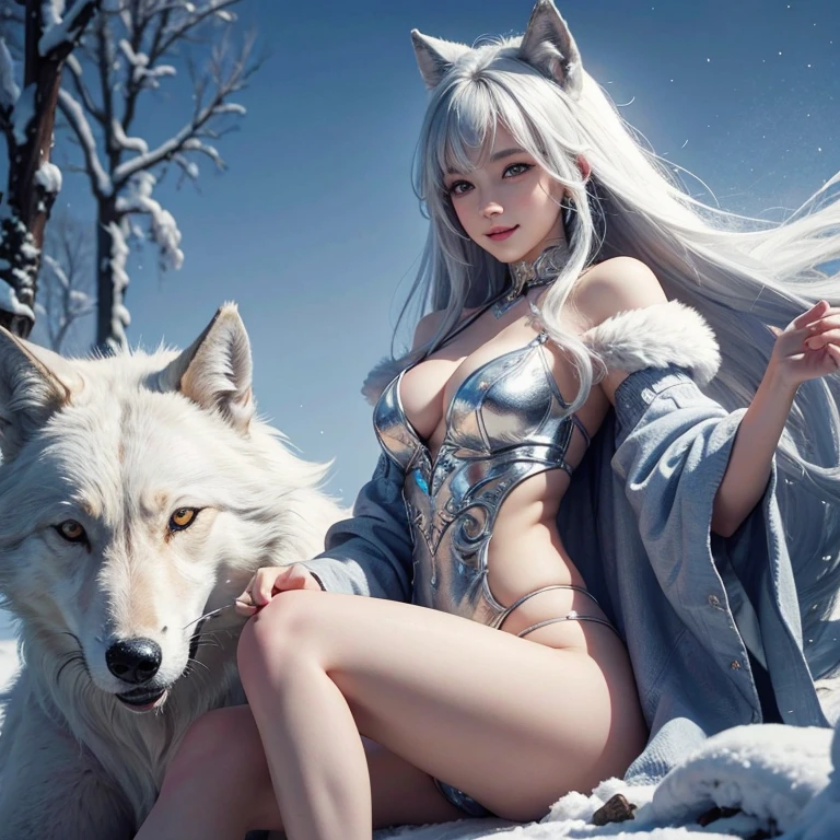 snowing mountain、white wolf、 ((highest quality、masterpiece、8k、best image quality、ultra high resolution、Award-winning work)、(accurate anatomy:1.1)、(look at me and smile:1.1)、Shining fair skin with ultra high resolution、most detailed face、ultra high resolution detailed face、white short hair flowing 、snowy wathear :1.1)、 viking fur clothing, modest breast, real wolf beside the girl 