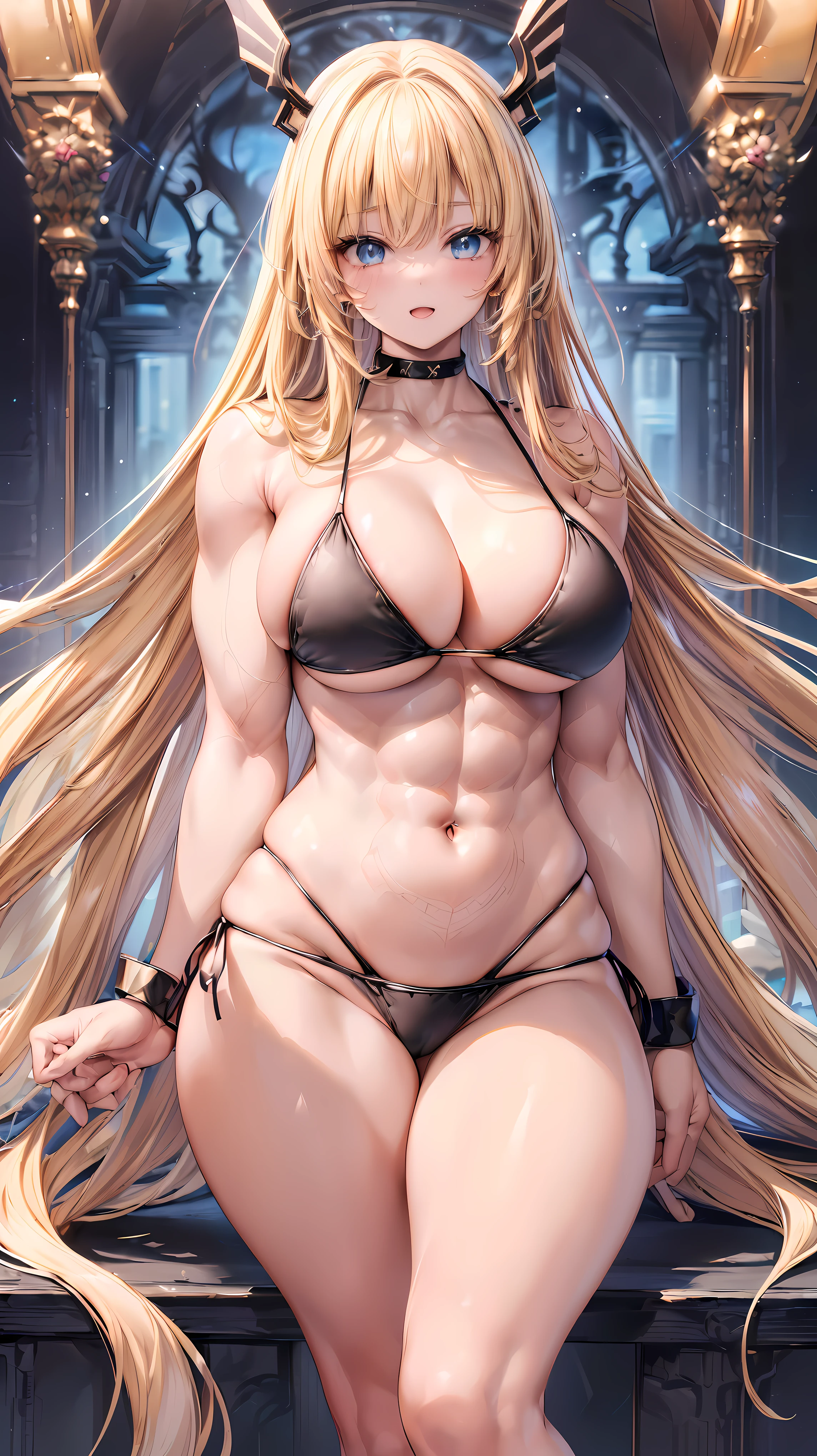 Very detailed、highest quality、Best image quality、masterpiece、8k、Anime Face、A kind smile、(Open your mouth:1.3)、Sparkling blue eyes、(Blonde semi-long hair:1.5)、(Muscles of the whole body:1.3)、(High leg:2.0)、Thigh belt、(Black high-cut bikini:1.5)、(Upper body photo:1.5)、(SFW Giant)、(Thick body:1.2)