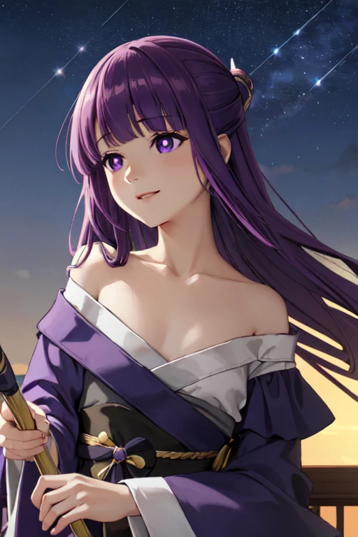 masterpiece, best quality, ultra detailed, highres, extremely detailed CG unity 8k wallpaper, perfect lighting, very detailed background, beautiful and aesthetic,sharp focus, perfect face, dynamic pose, dynamic angle,
1girl, upper body, (portrait:1.1), multicolored yukata, looking at viewer, full-face blush, from side, from below, smile,Open your mouth、Pink Lips、
night, dark sky, skyscraper, Penthouse in Tower Mansion、balcony、Starry Sky、
、(Shoulder Bare:1.6)、(Off the shoulder:1.7)、(Holding a wizard's wand:1.3)、(flat chest:1.4)、
fern, long hair, bangs, (purple eyes:1.1), purple hair, sidelocks, blunt bangs, (bright pupils:1.5), half updo,