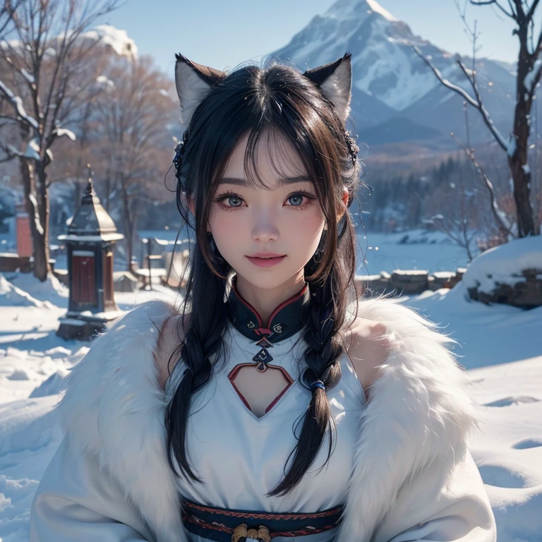 Hide in the snow mountain、Hair flows、 ((highest quality、masterpiece、8k、best image quality、ultra high resolution、Award-winning work)、(accurate anatomy:1.1)、(look at me and smile:1.1)、Shining fair skin with ultra high resolution、most detailed face、ultra high resolution detailed face、ultra high resolutionの髪の毛、(ultra high resolutionの煌めく瞳:1.1)、Beautiful face drawn in every detail、(blurred background:1.1)、ancient Inuit clothing, chest together, tattoo, Old ruins in the background、real wolf aside