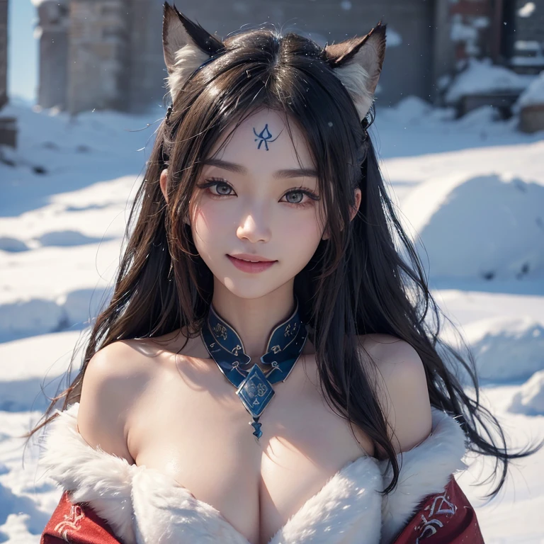 Hide in the snow mountain、Hair flows、 ((highest quality、masterpiece、8k、best image quality、ultra high resolution、Award-winning work)、(accurate anatomy:1.1)、(look at me and smile:1.1)、Shining fair skin with ultra high resolution、most detailed face、ultra high resolution detailed face、ultra high resolutionの髪の毛、(ultra high resolutionの煌めく瞳:1.1)、Beautiful face drawn in every detail、(blurred background:1.1)、ancient Inuit clothing, chest together, tattoo, Old ruins in the background、real wolf aside