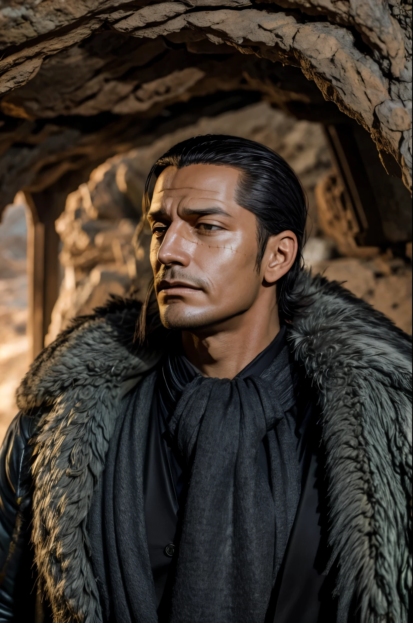 masterpiece, best quality, extremely detailed, hyperrealistic, photorealistic, a cool 40s man, ultra detailed face:1.2, fur-trimmed coat, scarf around the neck, dark light, in cave:1.1, dynamic pose
