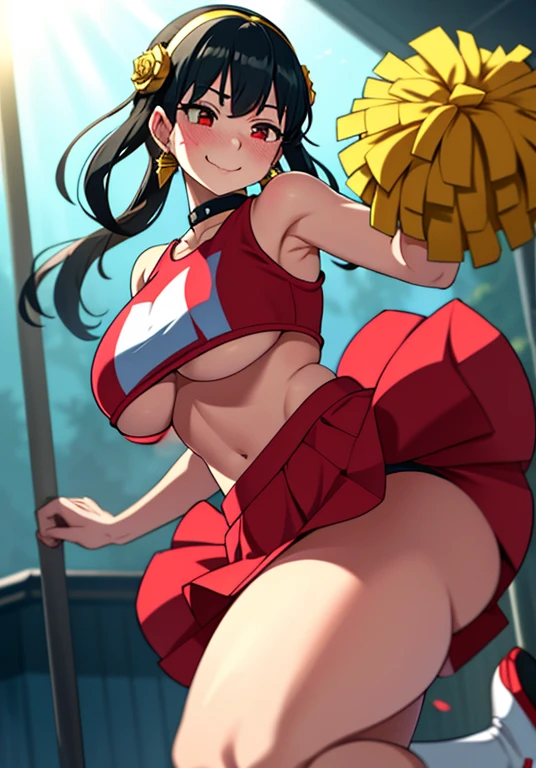 yor briar, 1girl, backlighting, bare shoulders, black hair, breasts, huge breasts, huge ass, huge thighs, narrow waist, wide hips, thick thighs, curvy, cleavage, closed mouth, earrings, floating hair, f gold earrings, gold hairband, hair flower, hair ornament, hairband, long hair, looking at viewer, hands in the air, jumping, pompoms, cheerleader, cheerleader outfit, mini skirt, exposed midriff, underboob, bouncing breasts, collar,blushing,sweating, (breathing hard), (panting), anime, farm, smile, red eyes, short hair with long locks, sidelocks, solo, ((masterpiece))