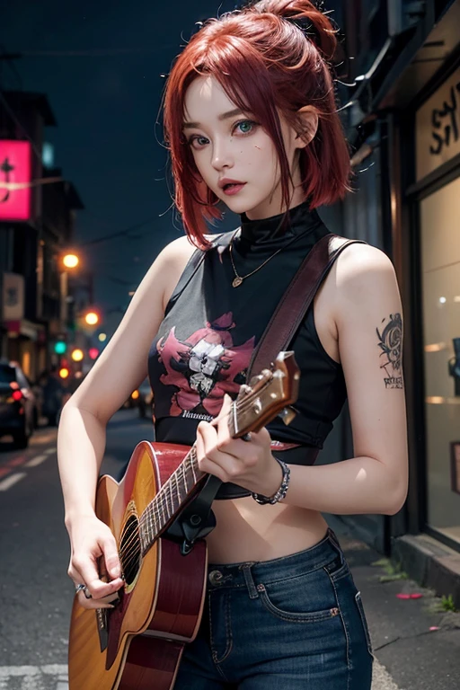 Sleeveless、The tattoo、bright red、Really red、Red、Red-haired、rot、red hairs、head phone、🎧、goth_punk, 1girl in, solo, medium shot, Walking in Harajuku, ((during night)), bokeh dof, Neon light, Iridescent eyes, starrysky, red glowing hair, Black eyebrows, Radiant hair, (iridescent red hair), 耳Nipple Ring, bangss, jewely, masks, bluntbangs, verd s eyes, Mouth mask, blurry backround, bblurry, hair adornments, Look at viewers, shorth hair, portraitures, side locks、goth、(masutepiece), (Portrait), (Aesthetic), (Beautiful), (upper blody), (High quality), (aesthetic clothings), (professional angle), (thirds rule), (Feminine), (Woman), (Female), (Beautiful),(Feminine features), (25-years old), Solo, 1 woman, (Charming punk girl), Winters, Dramatic light, ((Playing guitar)), (Standing), Edgy makeup, (Small bust), ((electric guitar)), (Front face), (Defiant expression), ((defiance)), (Leather jackets and tattoos), ((Short hair)), (dyed (E.G. and pinks) hair), (spiky hair), (Thick hair), Matte Shine Hair, (Hair bands scattered in the hair), (Green eyes), (Bold and bold look), (pale skin), (Dark clothes), (Band T-shirt), (Ripped jeans), (-), crew neckline), ((Urban alley background)), (up close shot), Beautiful hands, Two hands, normal hands, Two arms, complete hands, Beautiful body, Beautiful fingers, normal fingers, Five Fingers, Five Fingers, (Thumb index finger ring finger), Beautiful ears, normal ears, Beautiful eyes, shiny eyes, Beautiful mouth, Beautiful lips,