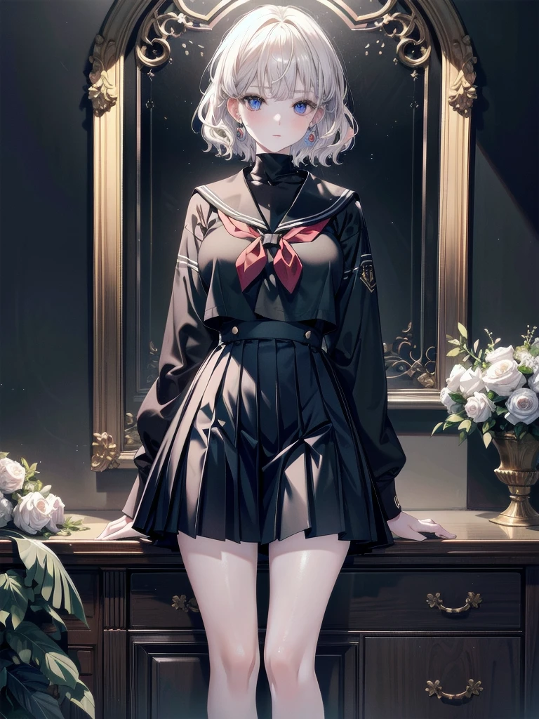 absurdres, RAW photo, extremely delicate and beautiful, masterpiece, Best Quality, ultra high resolution, 32k, hyperrealistic, ultra-detailed, detailed description, pale skin, 20 years old, tearful mole, earring, Colossal tits, short medium hair, wavy hair, full body shot, sailor uniform, school_uniform,
