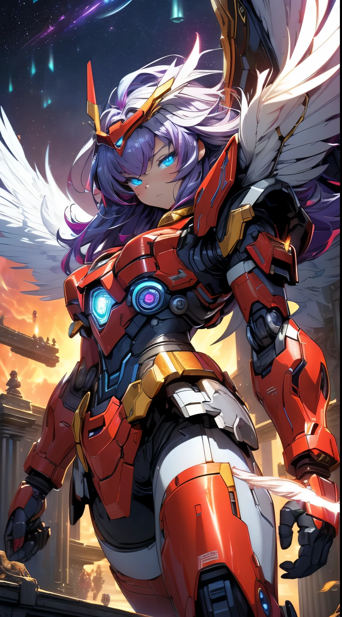 top-quality、Top image quality、masterpiece、girl with((red and blue mechanical body armor、red mechanic arm、purple leg arms、Shining gold body line、sixteen years old、teen ager、cute little、Best Bust、big bast,Beautiful light blue eyes、Breasts wide open, Purple hair、silver flight unit,Semi-long、A slender,Large valleys、belligerent movements,glowing whip、)),hiquality、Beautiful Art、Background with((Midnight City、Pillar of fire、fluttering white feathers)))、Depth((Black Giant Robot)),masutepiece、depth of fields,Cinematic style