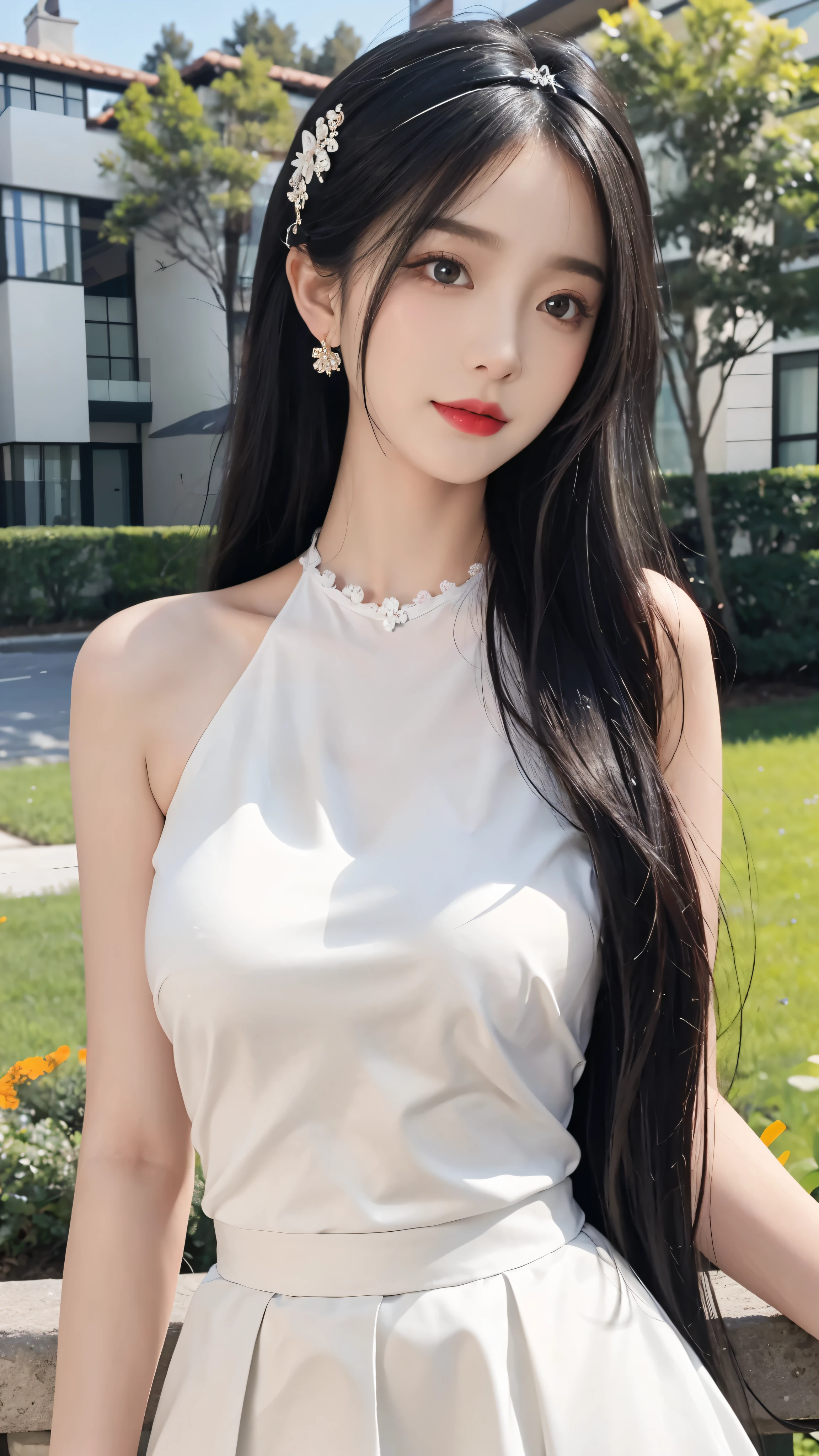 "top,Highest image quality,Masterpiece,Surrealism,Gentle beautiful girl,Perfect body,(A flowing grey and white skirt paired with a tulle top with a mandarin neckline),Delicate and fair skin,long black hair,Hair accessories,Delicate and perfect facial features,Clear colored eyes,Detailed depiction of face,Sexy red lipstick,sweet laughter,Nice and gentle,Black long hair,shiny,Ultra-fine details,real,Realistically,For the audience,sky sky,Green Leaf,Floral scent,Not exposed,