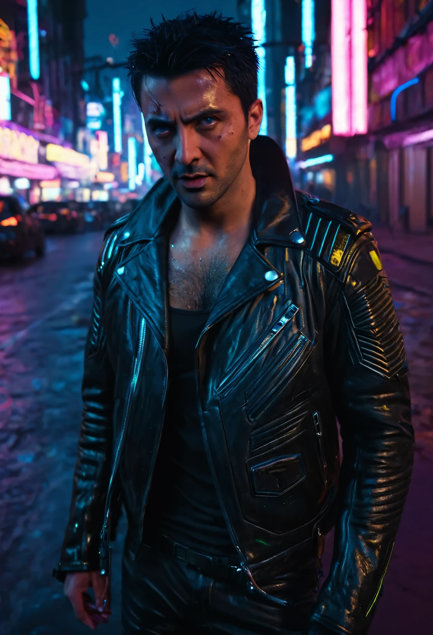 ((best quality)), ((masterpiece)), (detailed), soft lighting, high quality, textured skin, detailed pupils, visible skin detail, skin fuzz, cinematic, neon lighting, cyberpunk aesthetic, A man in his 30s, with short, dark hair and a jagged scar running diagonally across his right eye. He has a stern expression and is wearing a worn leather jacket. In the background, a black car gleams with reflections of the neon street lights.