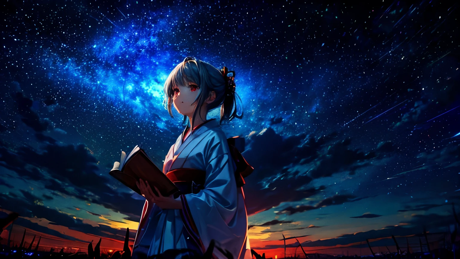 listening to music on headphones、Beautiful girl in white magical clothes、Standing on a grassy hill。Looking up at the night sky. Colorful moonlight, shooting stars, and auroras flickering. Calm mood, Subtle details, Vibrant colors、Red eyes、Red eyes、expensive, Big eyes、Great looks、cute、Japanese anime style、Have a spell book、smile、Big red ribbon、


