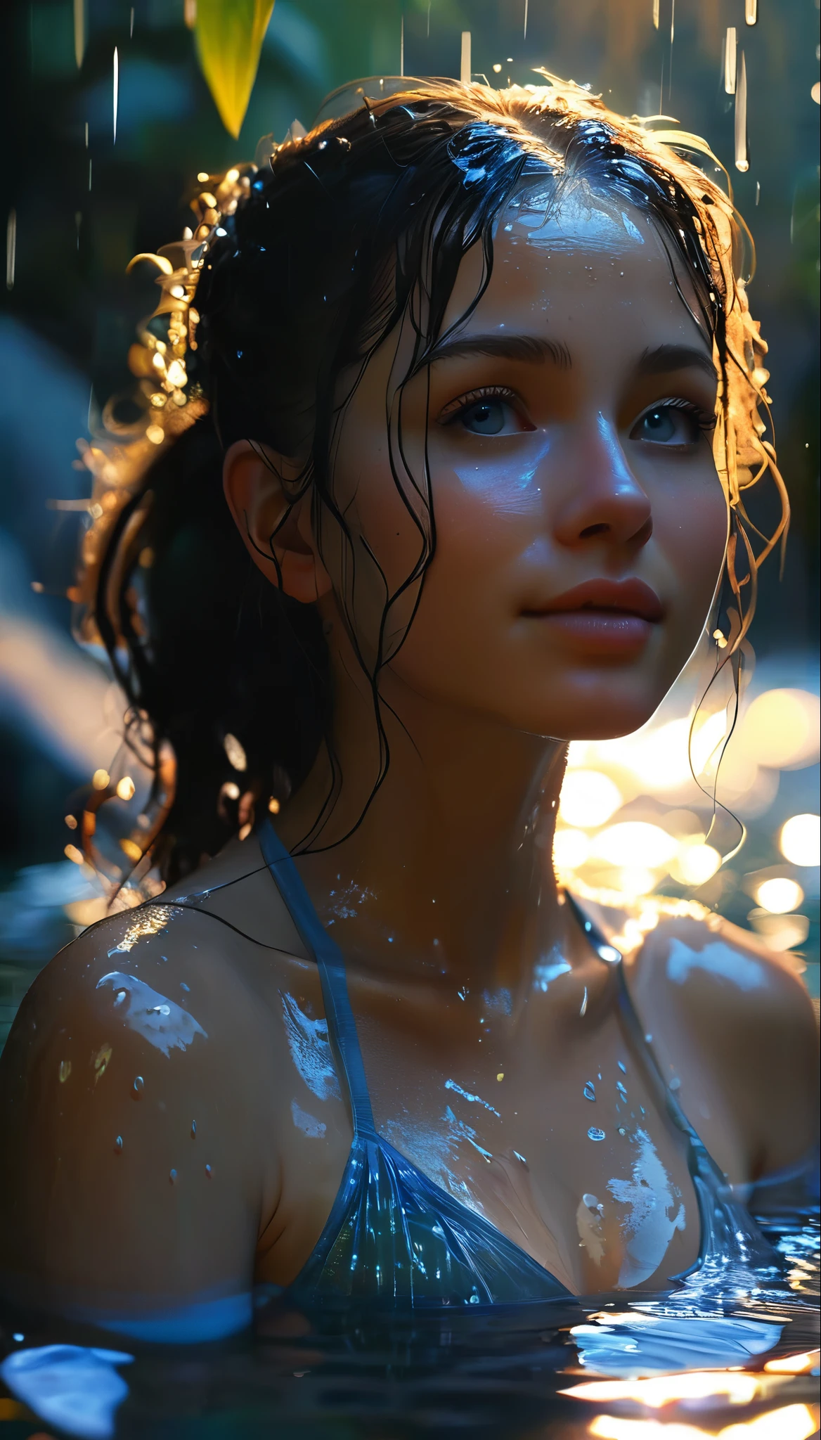 Night scene, close-up photo of Danelia Tuleshova, small breasts, bathing near the waterfall, body soaked in water, lean cheeks, wet hair, chin up, seductive face, no bra, stones, pure water, cleavage show, water on the body, realistic pores on the body, look up at the sky and smile, black ponytail hair, (blue eyes: 0.8), beautiful adult face, 40 yo, soft volumetric lights, (backlit: 1.3), (cinematic: 1.3), intricate details, (ArtStation: 1.