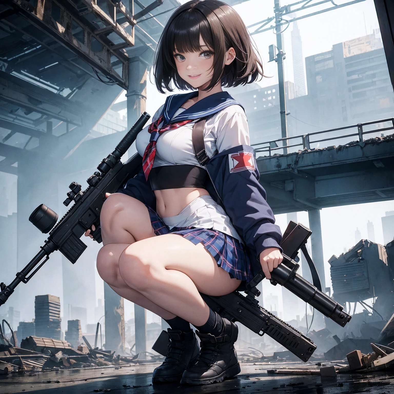 masterpiece, high quality, feel ill, Cinema Lighting, Front camera angle, A ruined metropolis, A high school girl standing on the ground holding an assault rifle (M16), beautiful girl, Invincible Smile, Good style , short hair, Cleavage, Short sailor suit, Tartan mini skirt, Dynamic pose,