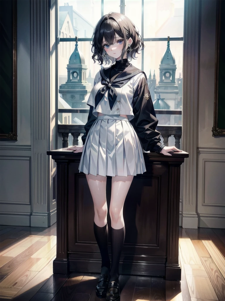 absurdres, RAW photo, extremely delicate and beautiful, masterpiece, Best Quality, ultra high resolution, 32k, hyperrealistic, ultra-detailed, detailed description, pale skin, 20 years old, tearful mole, earring, Colossal tits, short medium hair, wavy hair, full body shot, sailor uniform, school_uniform,