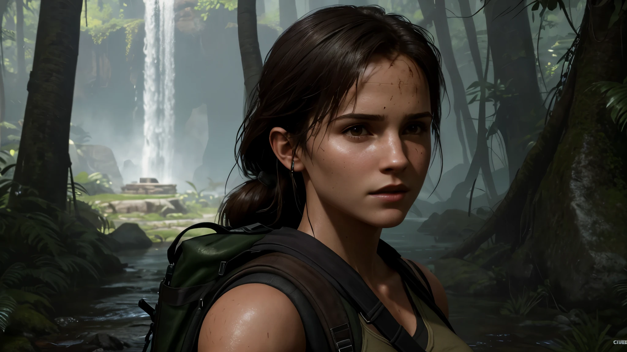 ((NSFW)) A close-up portrait of a woman, reminiscent of Lara Croft from Shadow of the Tomb Raider, reveals her sexy body concealed in wet clothes, with ((subtly visible, bulging breasts)). A backpack lies at her side, blending seamlessly with the environment.
Lara Croft's portrait, meticulously crafted in Unreal Engine 5, showcases her beautiful character design with a small yet powerful figure. The tomb raider setting comes alive with cinematic visuals that accentuate her strength and allure.
This tech demo highlights the hyper-realistic graphics of the female lead character, with Emma Watson's likeness perfectly