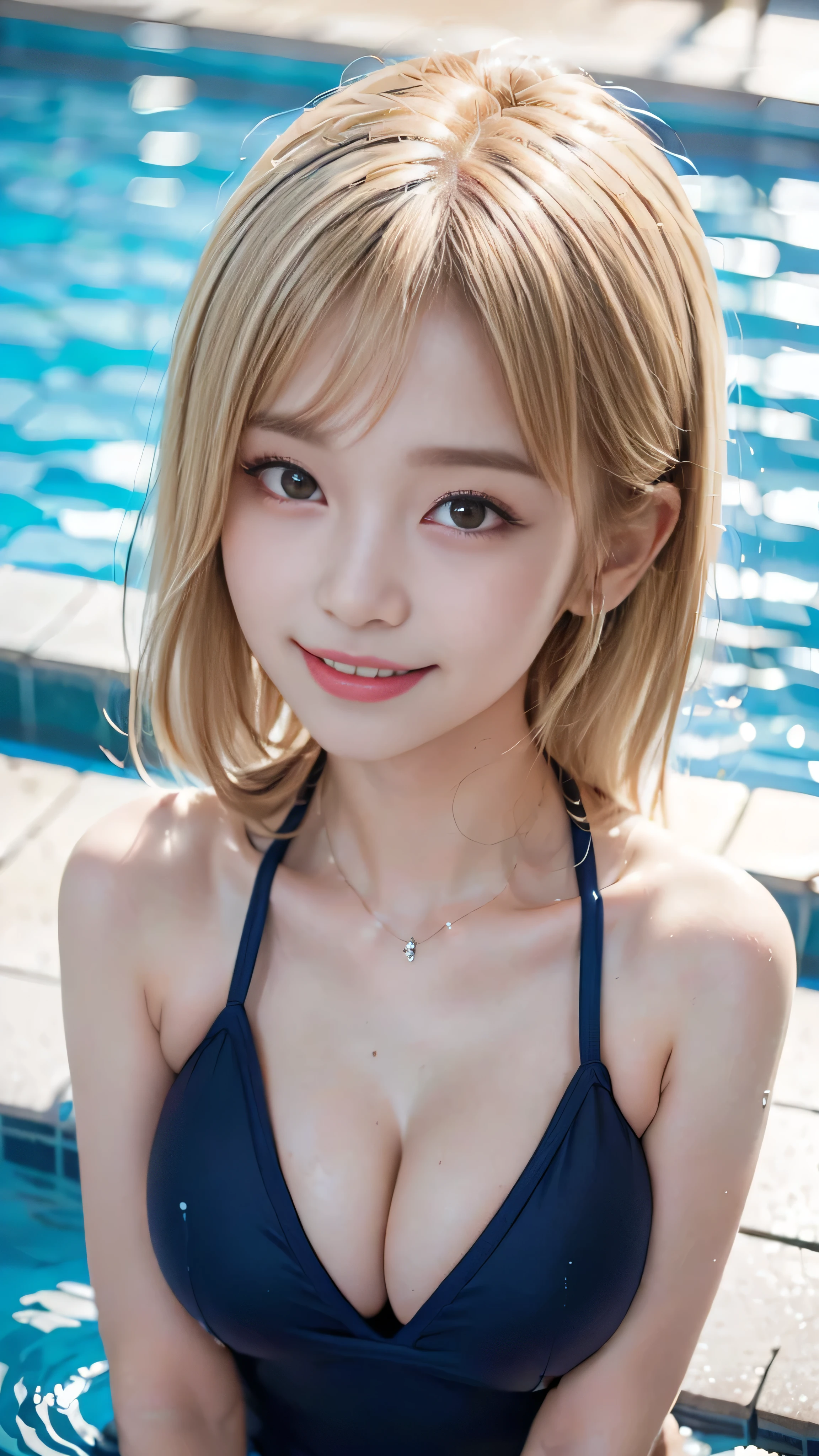 ((highest quality、Masterpiece、High resolution))、(((Zoom photo of upper body:1.95、Looking up、Beauty、Idols、Beautiful Skin、Navy blue school swimsuit、Cute smile:2.5、Cleavage、Large Breasts、Pool、Blonde Hair、Trimmed bangedium Hair)))