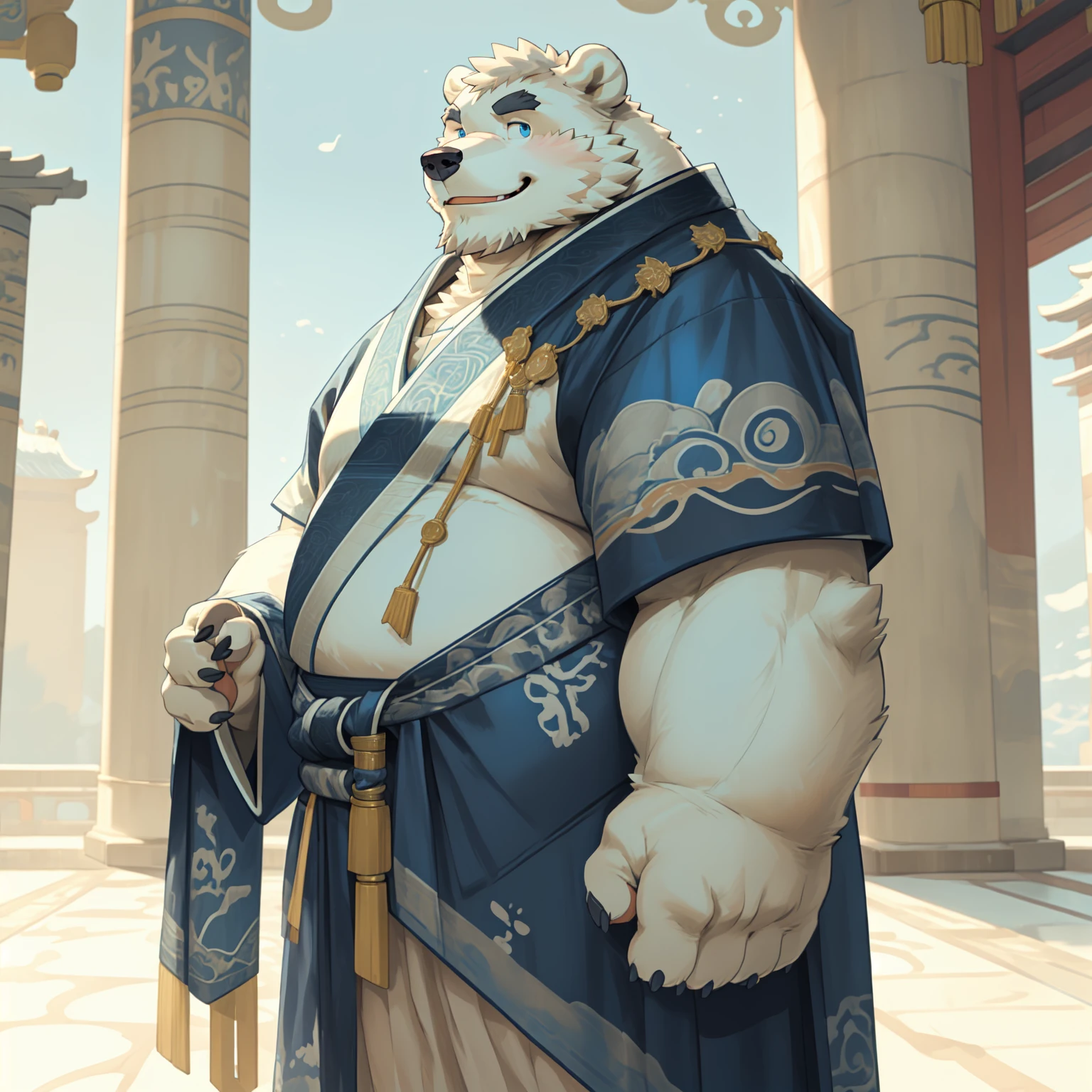 New Jersey 5 Furry，polar bear，portrait，standing solo，Exquisite， Chubby，Fat，Thick arms，Rugged muscles，White plush fur，Chubby脸，Black eyebrows，Sky blue eyes，Beard，Wang fu，palace，King of the Qing Dynasty，Royal robes，Smile