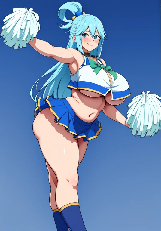 aqua \(konosuba\), mksks style, (very detailed background:1.0), (highly detailed background:1.0), {Masterpiece}, High Quality, 1girl, blue eyes, blue footwear, blue hair, blush, breasts, hair ornament, hair rings, leg up, long hair, looking at viewer, huge ass, huge breasts, huge thighs, narrow waist, wide hips, thick thighs, curvy, open hand, single hair ring, s, smile, solo, standing, standing on one leg, cleavage, hands in the air, jumping, pompoms, cheerleader, cheerleader outfit, mini skirt, exposed midriff, underboob, bouncing breasts, collar,blushing,sweating, (breathing hard), (panting), anime, farm, smile, very long hair, kono subarashii sekai ni shukufuku wo!,