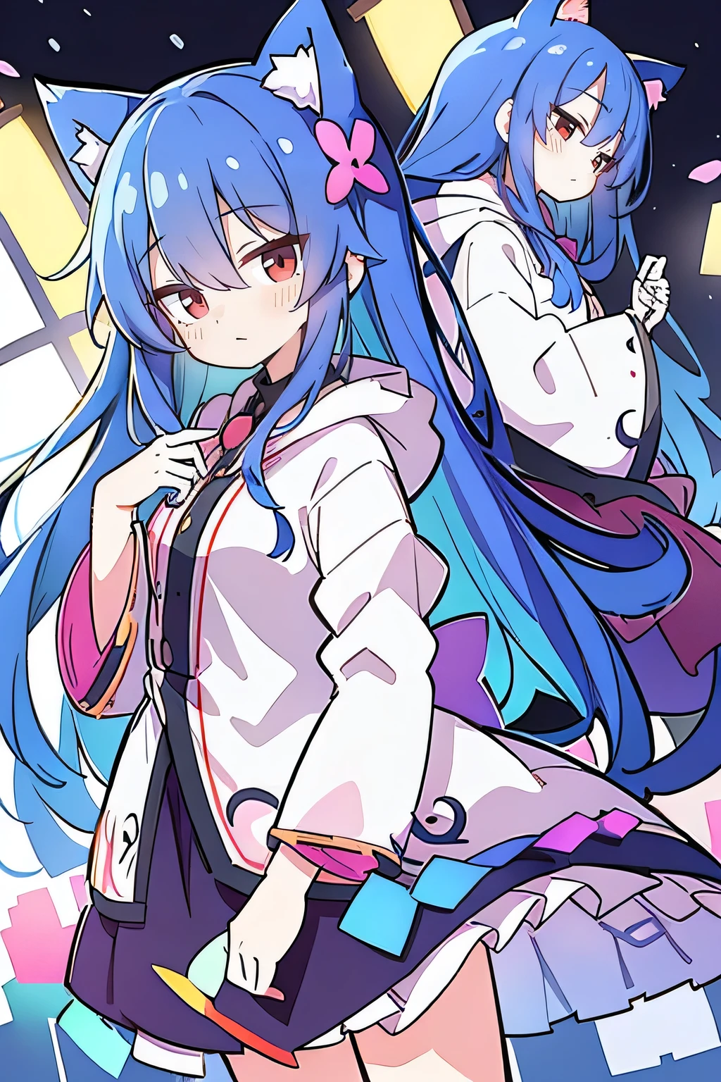 (masterpiece:1.2),Super detailed,lifelike,Expressive eyes,fair skin,perfect face shape,1 girl,
Japanese comics,Gorgeous blue hair,flowing blue hair,flowing clothes,Cat ears,Petals fall,beautiful lola,Baby Angel,
Shaking head with one hand,Cross your legs,Gentle and peaceful background,The pavilion is cool and comfortable,smile, wearing hoodie, background of tokyo,back views,snowing, winter.