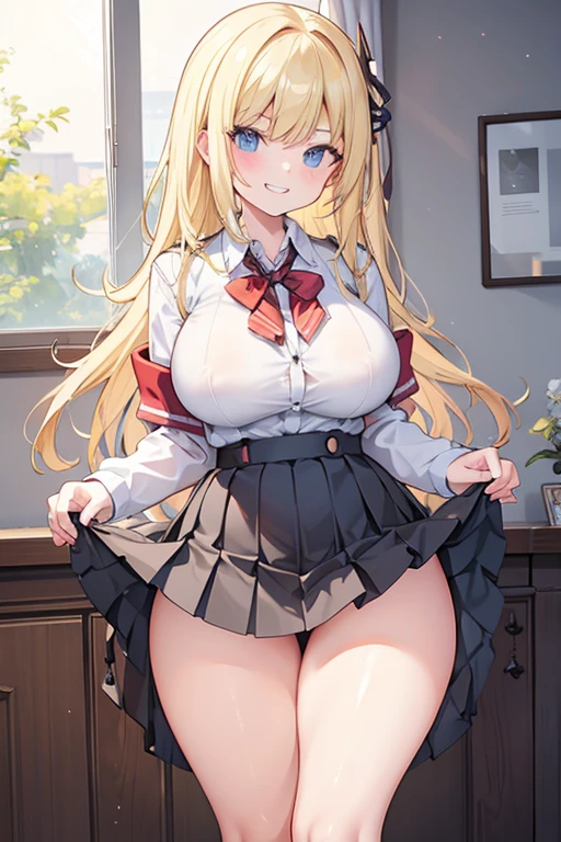 A busty high school girl with a mean grin lifts her skirt to show off her thick thighs