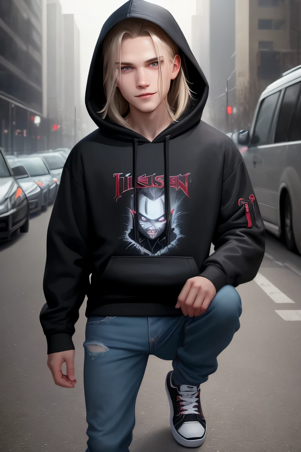 Title: "Raech's Sinister Transformation - Cover Art from 'I'm Thinking About Killing You' S2"
Image Description:
The cover art unveils the chilling transformative journey of the enigmatic Raech's character from the gripping game "I'm Thinking About Killing You" - S2. In the initial half of the image, a casual and seemingly harmless young Raech is depicted, clad in a hoodie, jeans, and sneakers, with a mischievous smile playing on his lips. His eyes, however, betray a hint of darkness lurking beneath.
As your gaze shifts to the second half