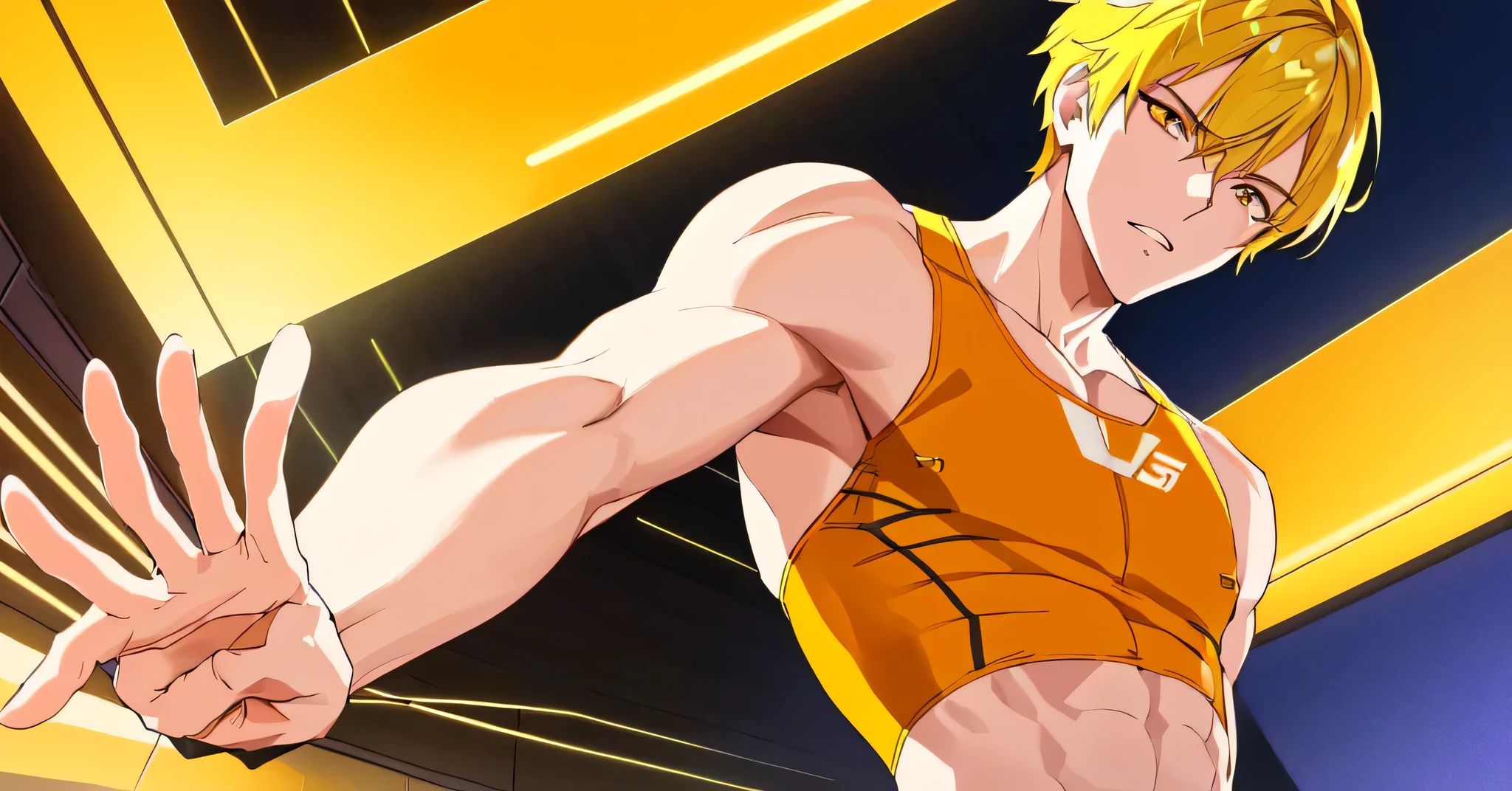 Anime boy with blonde hair and orange sports bra,  in a neon city, looking like, solo, Wearing a yellow sports bra, short blonde boy, Yellow eyed boy, Also, Upper body only, Anime 8K, sports-bra with an orange, Anime boy standing, Cool anime boy visuals, Headquarters artwork, Mako, Male protagonist, , Anime Style」, Toned body, Perfect boy, Tall Boy,
