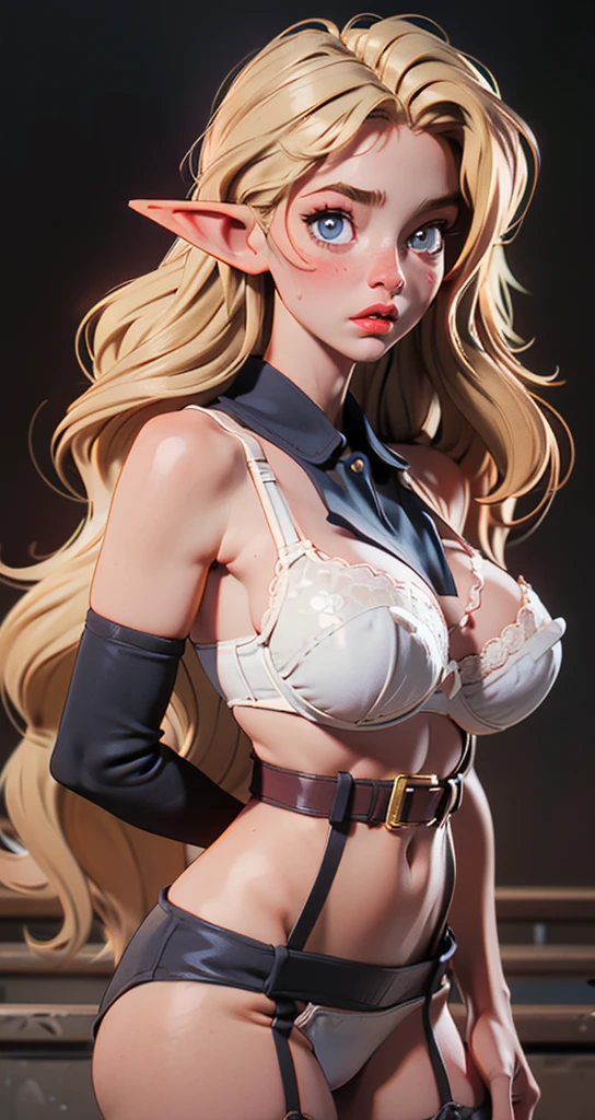(Best quality)), ((master part)), ((realistic)), (detailed, photorealistic, ultra-detailed, Absurd), photo of a beautiful woman (beautiful elf girl, 18 years old, blonde (long hair), thin lips, Huge bust, sweating) using white lace lingerie ((bra, panties, garterbelt with stockings 7/8))