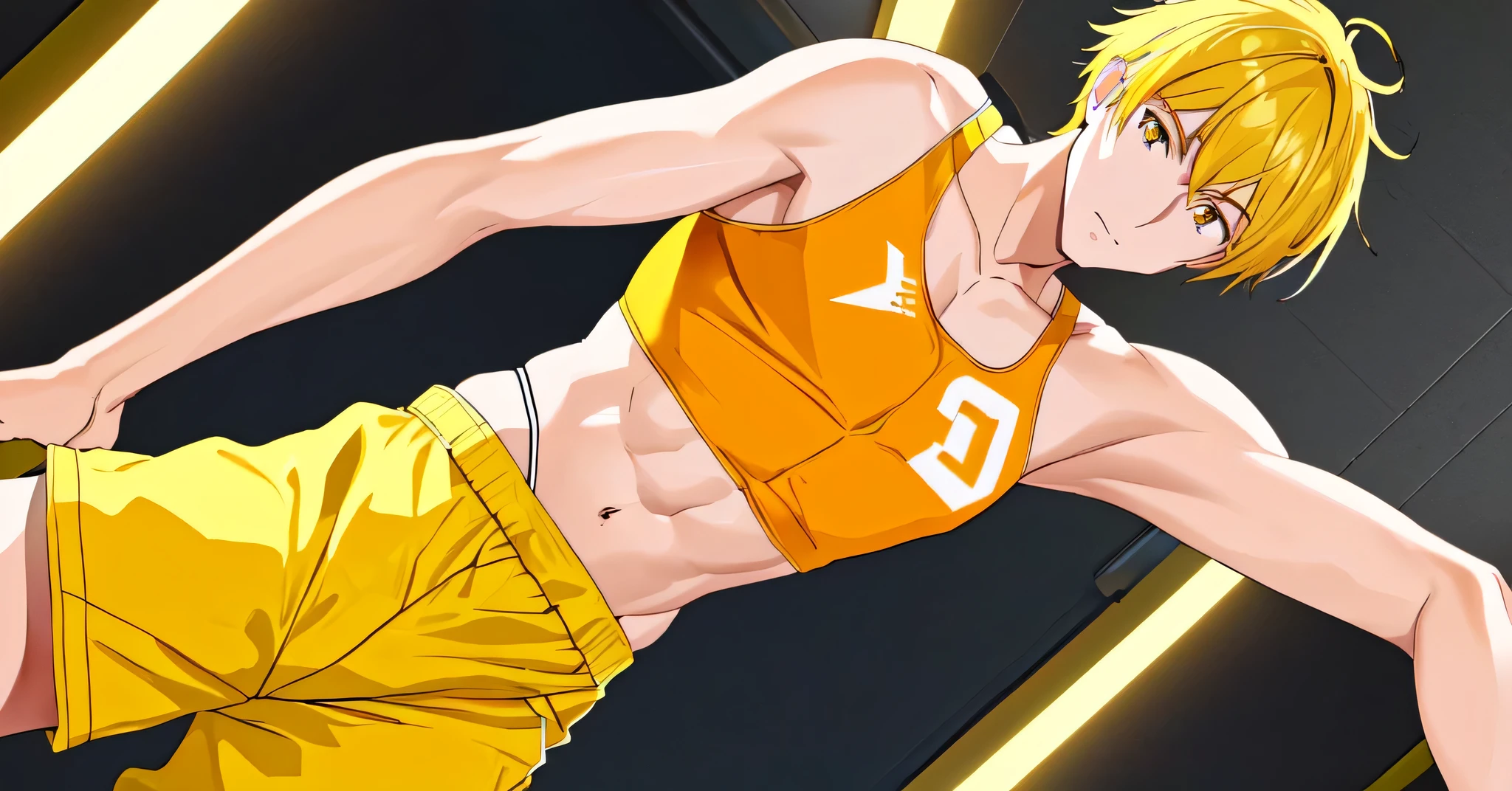 Anime boy with blonde hair and orange sports bra,  in a neon city, looking like, solo, Wearing a yellow sports bra, short blonde boy, Yellow eyed boy, Also, Upper body only, Anime 8K, sports-bra with an orange, Anime boy standing, Cool anime boy visuals, Headquarters artwork, Mako, Male protagonist, , Anime Style」, Toned body, Perfect boy, Tall Boy,
