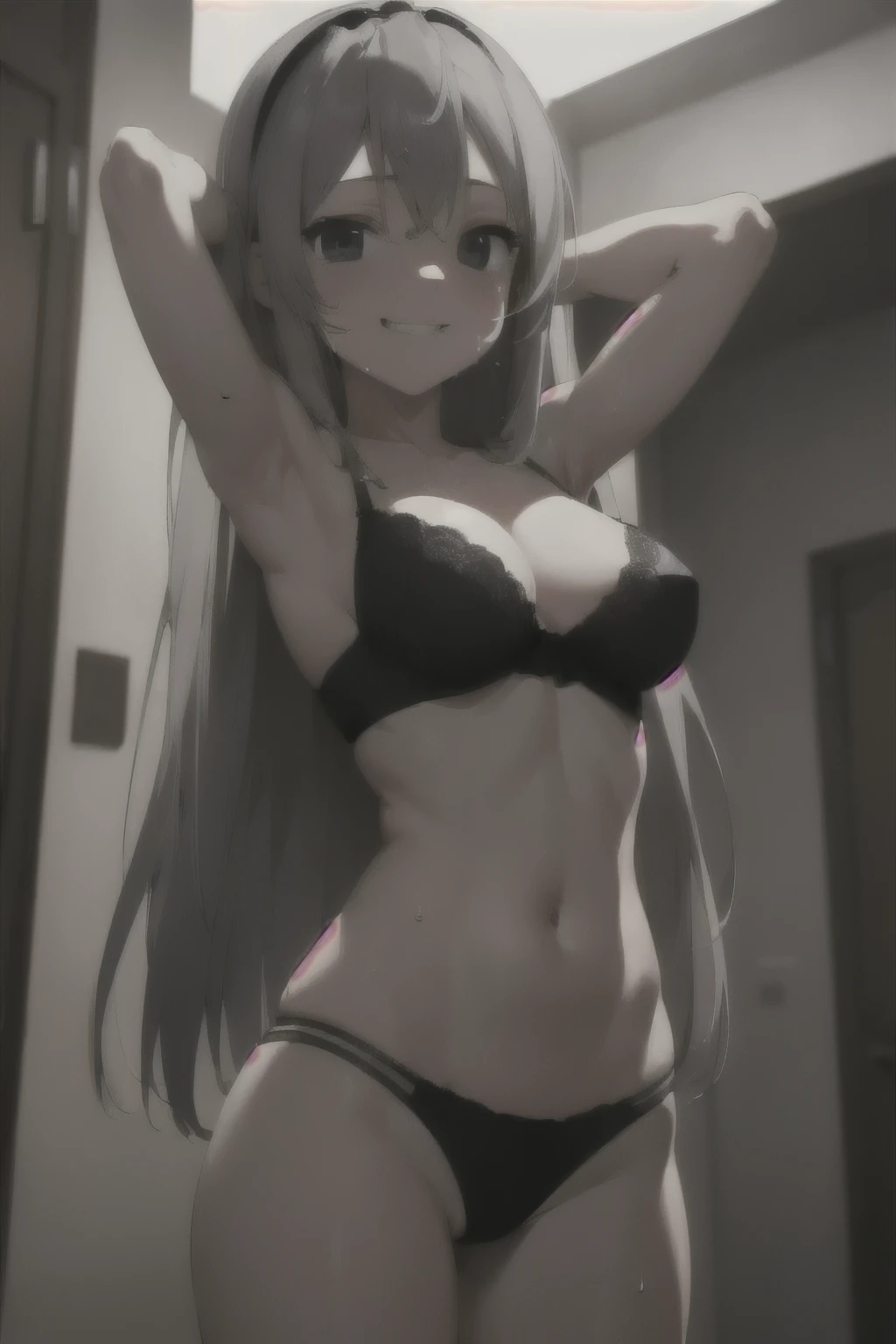 { masterpiece : best quality : high resolution : unity 8k wallpaper : illustration } { Background = inside dark bedroom : } {Tomoyo Sakagami : white hair with black hairband : white bra and panties ) : perfect slender body : armpits : standing : perverted creepy smile : grin : hand behind head : sweating : possessed by perverted man}