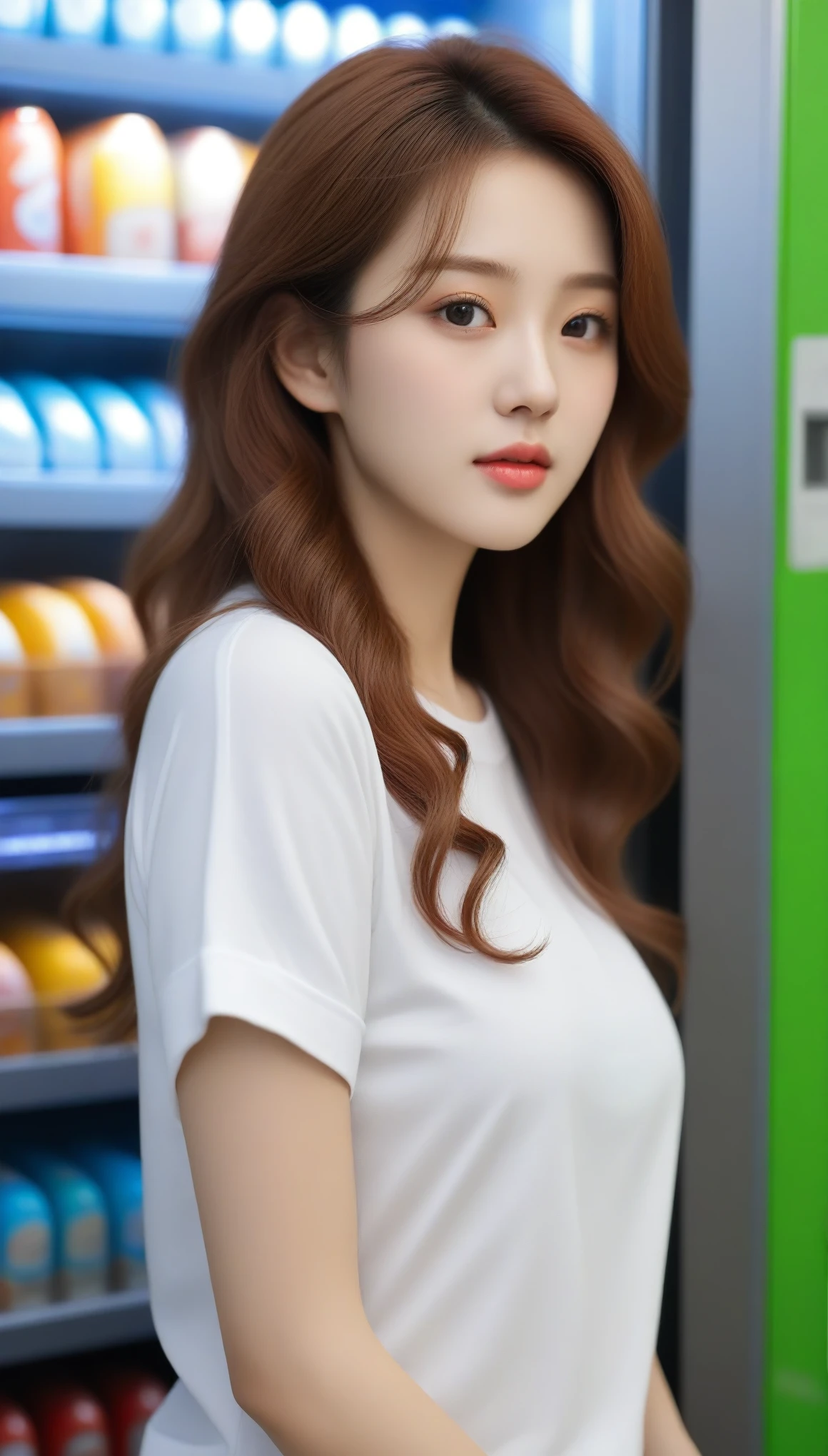 close-up of beautiful korean female, red wavy hair,34 inch breasts size, rolled sleeves t-shirt, , side vending machine, UHD