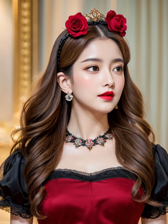 best quality，masterpiece，high resolution，HD，Delicate face shape，Beauty，Rose Hair Accessories，black rose dress，Long blond hair，super red lipstick，full-body shot