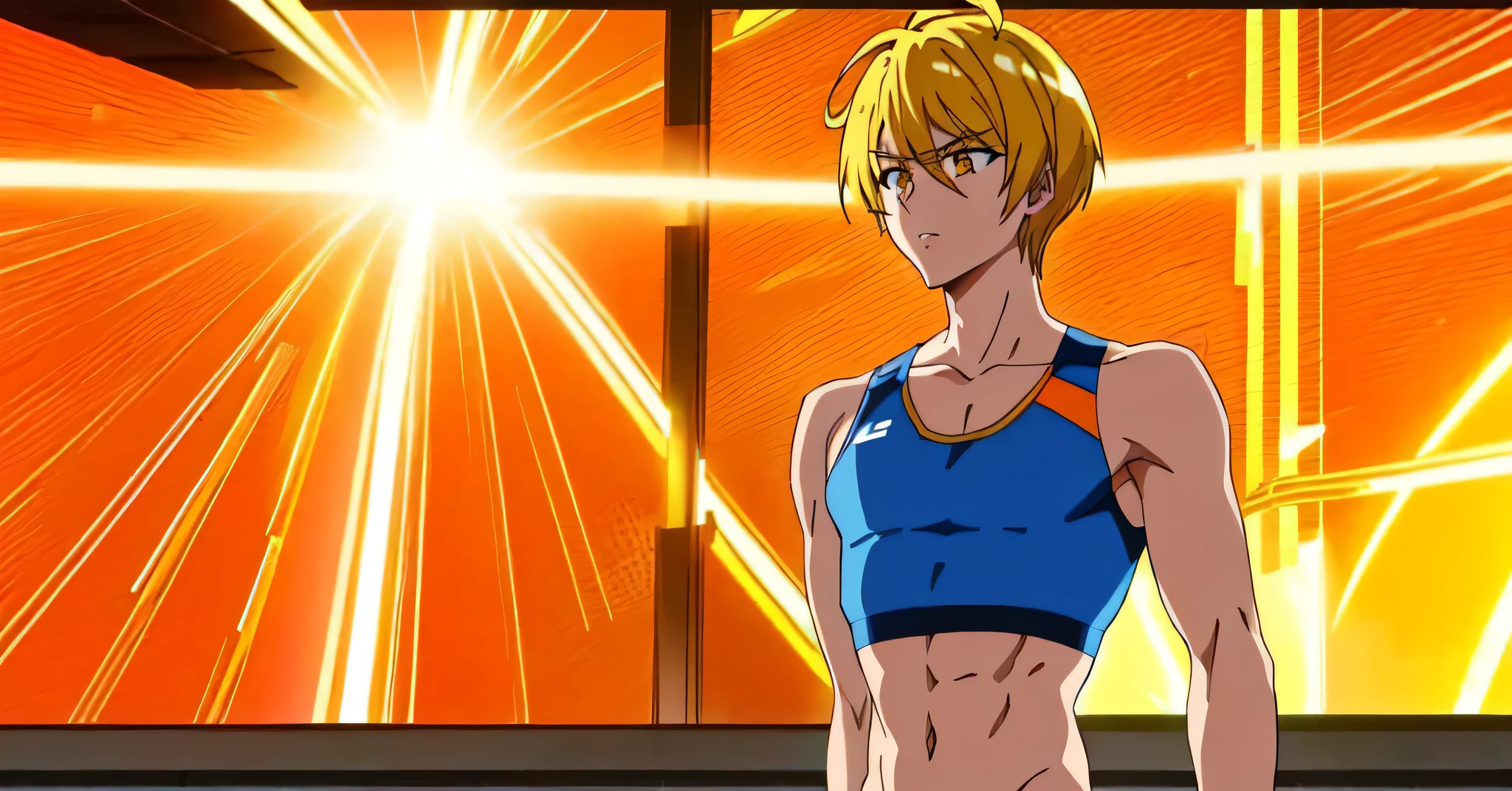 Anime boy with blonde hair and orange sports bra,  in a neon city, looking like, solo, Wearing a yellow sports bra, short blonde boy, Yellow eyed boy, Also, Upper body only, Anime 8K, sports-bra with an orange, Anime boy standing, Cool anime boy visuals, Headquarters artwork, Mako, Male protagonist, , Anime Style」, Toned body, Perfect boy, Tall Boy,
