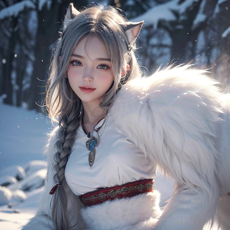 snowing mountain、white wolf、 ((highest quality、masterpiece、8k、best image quality、ultra high resolution、Award-winning work)、(accurate anatomy:1.1)、(look at me and smile:1.1)、Shining fair skin with ultra high resolution、most detailed face、ultra high resolution detailed face、white short hair flowing 、Beautiful face drawn in every detail、(blurred background:1.1)、 Inuit fur clothing:1.5,fur covered Viking costume: 1.3, real wolf beside the girl 