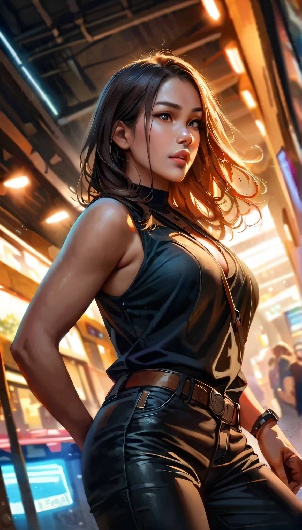 (best quality,4k,8k,highres,masterpiece:1.2),ultra-detailed,(realistic,photorealistic,photo-realistic:1.37), HDR, UHD, studio lighting, vivid colors, photography, street photography, young woman with fastened wavy brown hair, a few strands loosely hanging over her face, intensely detailed eyes with dark make-up, wearing a tight black sleeveless turtleneck and leather black tight trousers, high-top shoes, pistol holster at her belt, police badge clipped to her belt, holding a pistol in her hand, aiming out of frame at an opponent, (dutch angle:1.6), (low angle shot:1.6), (wide shot:1.5), (dynamic pose:1.5), (action pose:1.2), dynamic off-shoot photography capturing the dramatic moment, dangerous city district in background, illuminated by flashing police sirens, capturing the gritty and intense atmosphere.
