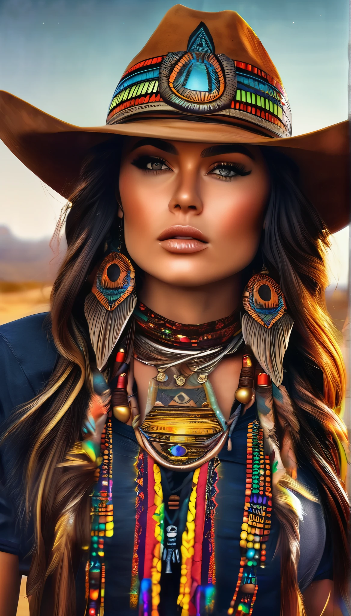 (realistic, photo-realistic:1.37), (ohwx woman), Olivia Wild with tribal tattoos on face and neck, realistic, cowboy shot, fantasy world, vibrant colors, dramatic lighting, oil painting style, mystical atmosphere, glowing eyes, flowing hair, surreal landscapes, intricate details, ethereal beings, supernatural elements, ancient ruins, magical creatures