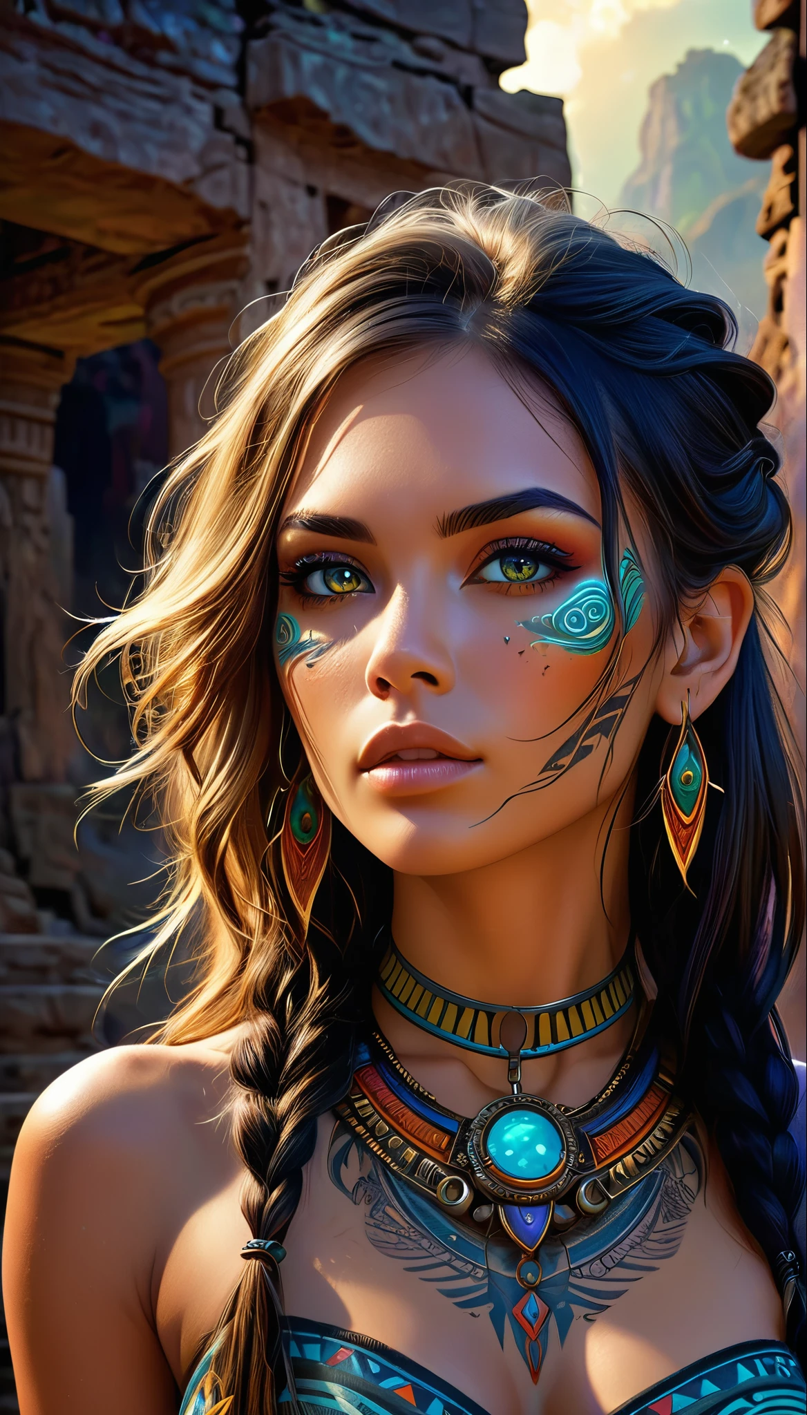 (realistic, photo-realistic:1.37), (ohwx woman), Olivia Wild with tribal tattoos on face and neck, realistic, cowboy shot, fantasy world, vibrant colors, dramatic lighting, oil painting style, mystical atmosphere, glowing eyes, flowing hair, surreal landscapes, intricate details, ethereal beings, supernatural elements, ancient ruins, magical creatures