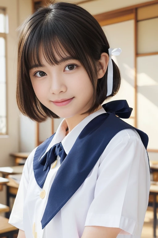 (best quality,4k,8k,highres,masterpiece:1.5),(ultra-detailed,realistic,photorealistic,photo-realistic:1.37),portrait,( young Japanese girl,Incredibly Ultra Slim body:2.0),(cute breasts:1.25),(mesmerizingly beautiful face:1.5).(Close-up of her eyes:2.0).(striking features,ultra cute and idol-like big smile:1.5),[distinctly expressive ultra beautiful eyes:2.0],beautifully shaped eyebrows,captivating gaze,delicately curved pale pink lips,pink lips,natural rosy cheeks,vibrant charm,flawless and fair skin,subtle shading,realistic rendering,(She is wearing a summer junior high school uniform:1.5),(White shirt:1.5),(Navy blue ribbon:1.5).(She has black hair:1.5),(ultra short hair:1.5),gently swaying,golden rays of sunlight gently illuminating the scene,elegant and graceful posture,creating a tranquil and serene atmosphere. She's in the classroom.