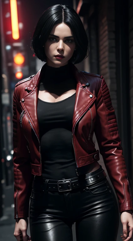 Selene from Underworld as a vampire mercenary with short black hair, pale skin, (wearing red leather jacket and black tight pants:1.2), view from front, (waist up shot:0.9), dynamic pose, ambient lighting, photo realism, intricate face detail, intricate hand details, highly detailed, vibrant colors, cinematic, high definition, trending on Artstation--style raw