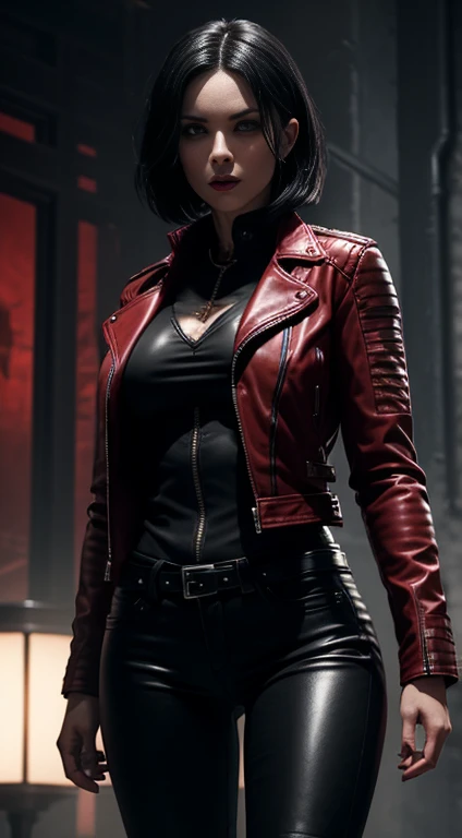 Selene from Underworld as a vampire mercenary with short black hair, pale skin, (wearing red leather jacket and black tight pants:1.2), view from front, (waist up shot:0.9), dynamic pose, ambient lighting, photo realism, intricate face detail, intricate hand details, highly detailed, vibrant colors, cinematic, high definition, trending on Artstation--style raw