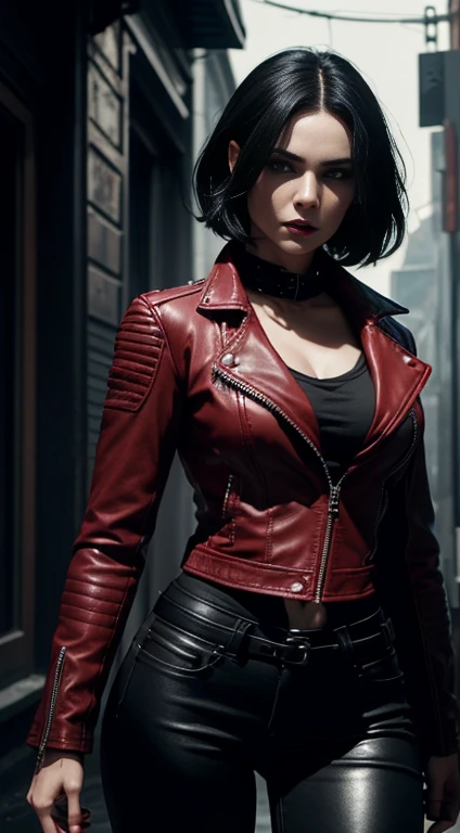 Selene from Underworld as a vampire mercenary with short black hair, pale skin, (wearing red leather jacket and black tight pants:1.2), view from front, (waist up shot:0.9), dynamic pose, ambient lighting, photo realism, intricate face detail, intricate hand details, highly detailed, vibrant colors, cinematic, high definition, trending on Artstation--style raw