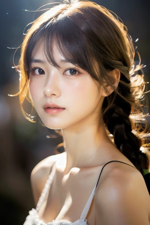 Rembrandt Lighting, (Photorealistic:1.2), (highest quality), (Detailed skin:1.3), (Intricate details), Ray Tracing,One girl, In detail,real, One Girl, Very beautiful face and eyes,Long Hair, 顔front, (Intricate details), dramatic, Ray Tracing, 顔front, Braid, Scattered beneath the surface, front, bangs, Hair between the eyes, One girl, Cute Japanese Girl,Detailed skin texture, Bare skin above the collarbone, Shoulder Bare Skin, masterpiece, highest quality, High resolution, View your viewers、Pop Idol,