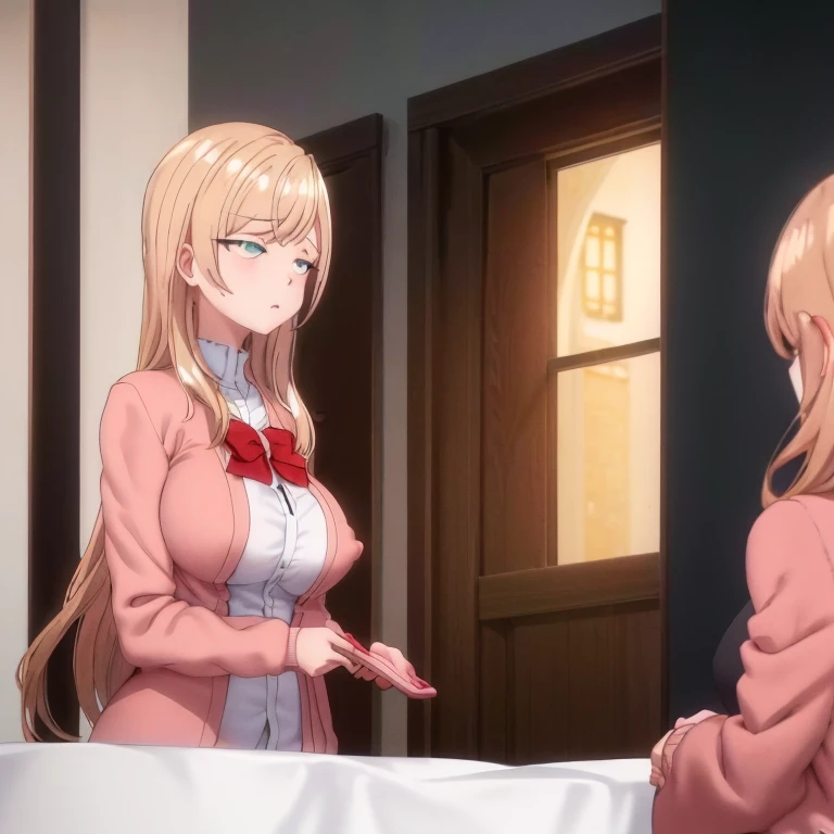 Sanada_Minakov, Blonde hair, Long hair, 8k, HDR , Looking at the audience, From the front, Upper Body, Focus on chest and face,Sanada_Minakov, Blonde hair, Long hair, Pink cardigan, Dark city alley, Green Eyes, ((Large Breasts))((Cleavage)), Huge breasts, masterpiece, best quality
