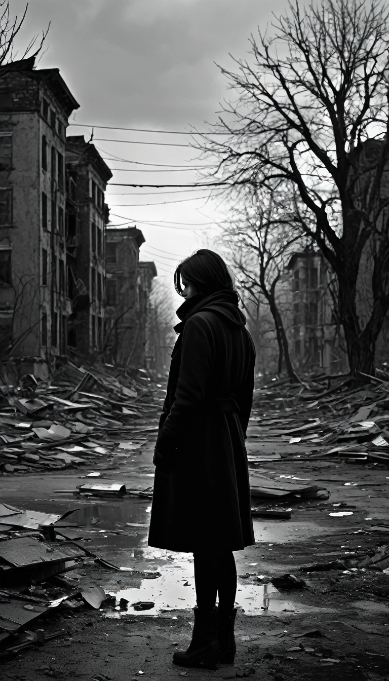 girl,alone,sadness,darkness,despair,depression,hopelessness,dystopia,broken dreams,futureless,tears,loneliness,empty streets,cold wind,abandoned buildings,abandoned dreams,bare trees,ashen sky,desolate landscapes,lost souls,infinite void,decaying city,silent screams,teetering on the edge,shattered illusions,lifeless eyes,collapsed society,ruins of hope,black and white,monochrome,broken promises,bleak outlook,bitter reality,desperate escape,captivating emptiness (best quality,4k,8k,highres,masterpiece:1.2),ultra-detailed,(realistic,photorealistic,photo-realistic:1.37),dark and gloomy,desaturated colors,soft and diffused lighting.