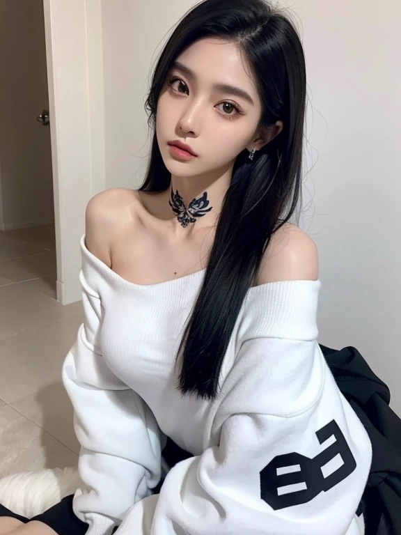 selfie angle,Black hair with black highlights,,posing,reality,,Fashionable outfit,,Off-shoulder clothes,suit,,Sportswear,,White skin,White complexion,long hair,Selfie angle photo,Cold expression,Neck tattoo,