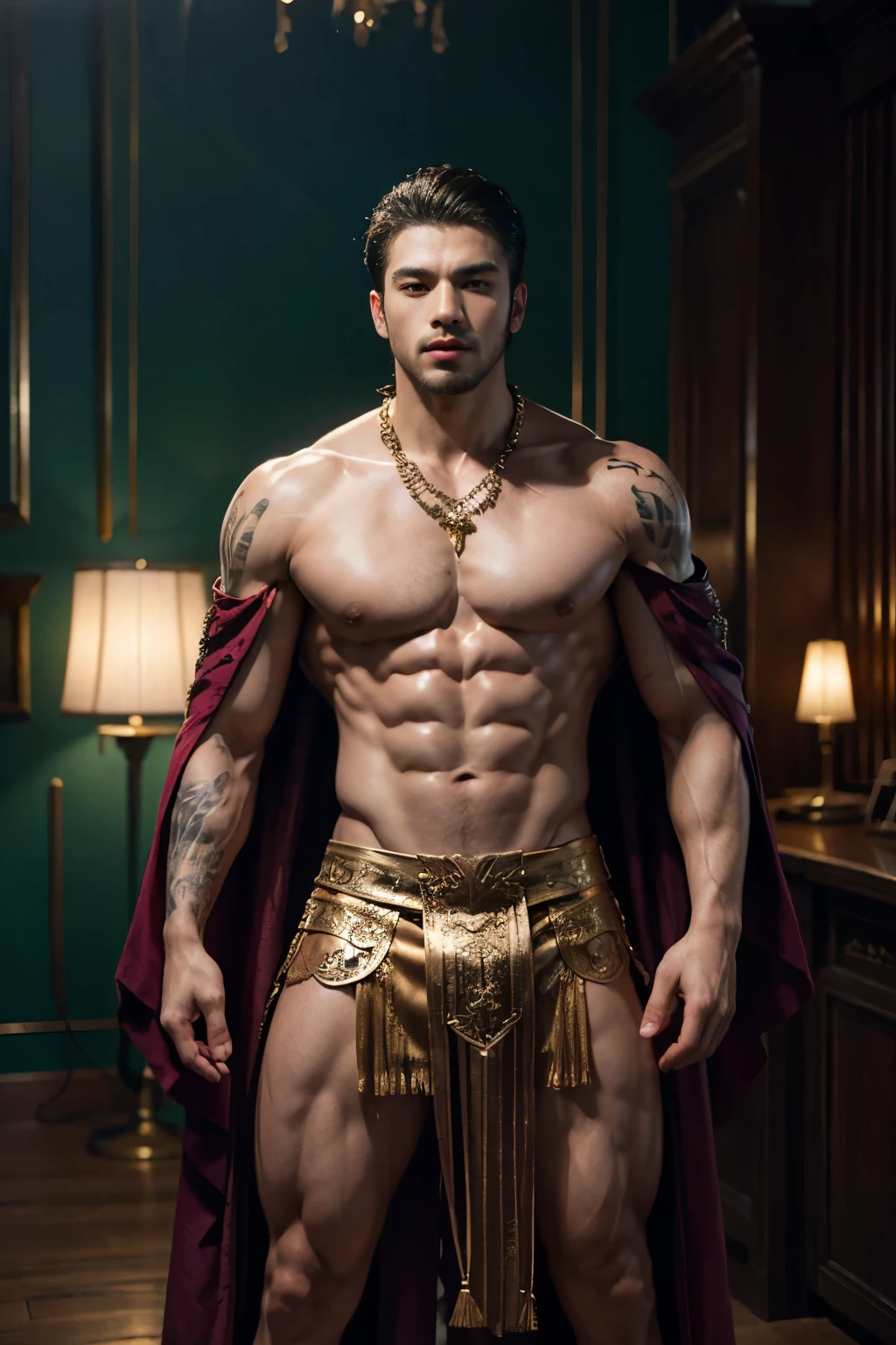 character portrait painting including full-length body image, huge muscular physique, handsome bald Jamaican, longshot, naked male in Arabian Nights costume, visible alien tattoos on huge muscular thighs chest and shoulders, loos elaborate kimono-style skirt, green pink gold, a magical symbol woven in gold thread into his clothing, action hero, intricate and detailed drawing
