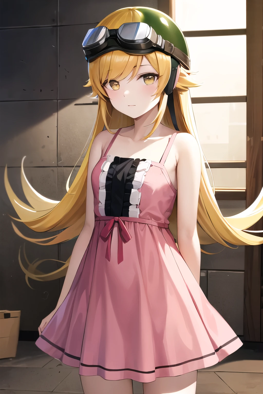 masterpiece, highest quality, High resolution, aashinobu, Dilapidated, Long Hair, Helmet, Put goggles on your hat, Pointed Ears, Pink Dress, Expressionless, Are standing, Cowboy Shot, Remains, indoor,