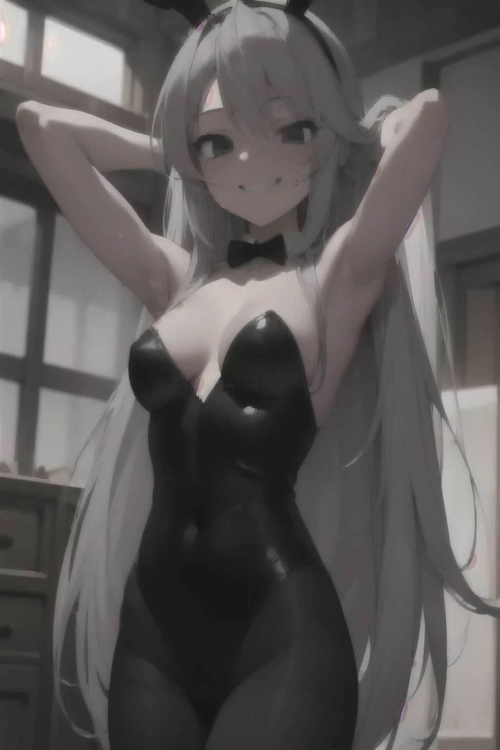 { masterpiece : best quality : high resolution : unity 8k wallpaper : illustration } { Background = inside dark bedroom : } {Tomoyo Sakagami : white hair with black hairband : bunny outfit : bunny ears ) : perfect slender body : armpits : standing : perverted creepy smile : grin : hand behind head : sweating : possessed by perverted man}