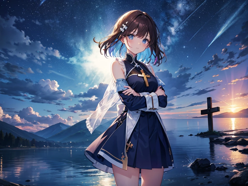 Blue Uniform, Bright Blue Eyes, Beautiful sparkling eyes, Brown Hair、Multicolored Hair、Inner Color、Side Tail、 thin、Straight bangs、1 girl、Sad face、Beautiful night sky、8K background、Medium Chest、whole body、Woman Standing On The Surface of the Lake、((((Cross your arms)))),Sleeveless