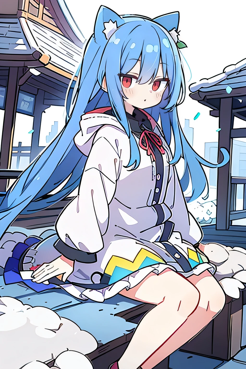 (masterpiece:1.2),Super detailed,lifelike,Expressive eyes,fair skin,perfect face shape,1 girl,
Japanese comics,Gorgeous blue hair,flowing blue hair,flowing clothes,Cat ears,Petals fall,beautiful lola,Baby Angel,
Shaking head with one hand,Cross your legs,Gentle and peaceful background,The pavilion is cool and comfortable,smile, wearing hoodie, background of tokyo,back views,snowing, winter.