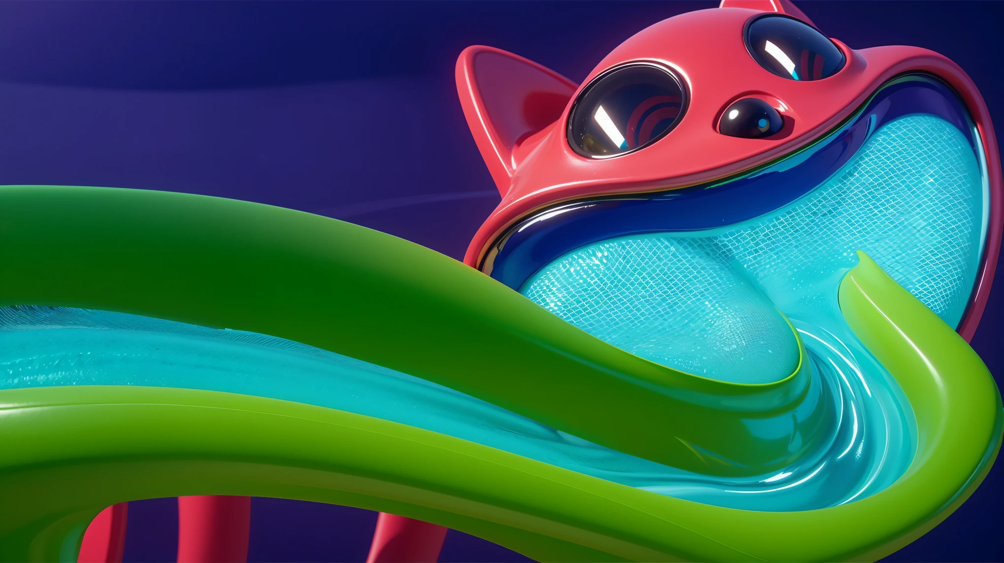 A purple cat character with a pool of water in his mouth lies on a blue platform and looks up at a green water park slide. The image depicts three houses made of fish tails, sitting on the ocean floor. The left house is green, the middle one is purple, and the right one is orange. 3d underwater world algae sand. The image depicts a 3D rendered illustration of a boy and a girl with their hands shaped in the shape of a heart. They are both smiling and have red hair. The background is blue. cartoon characters stand next to each other, Electricsbunny, Holographic creatures, Beeple and Jeremiah Ketner, 🐋 as 🐘 as 🤖 as 👽 as 🐳, matte, Rabbids, cute 3D rendering, 3D icon for mobile game, robot rabbit, Shiny metallic, 3D персонажи violet cat toy, toy cat laying on glossy , glossy texture, smooth 3d model, multiple light sources, rim light, sharp post effects render, (glossy big light probe refractions), perfect cgi, cgi art created only with gradients, smooth silhouette, high intensity refraction, (metalic), most beautiful vfx, blue background