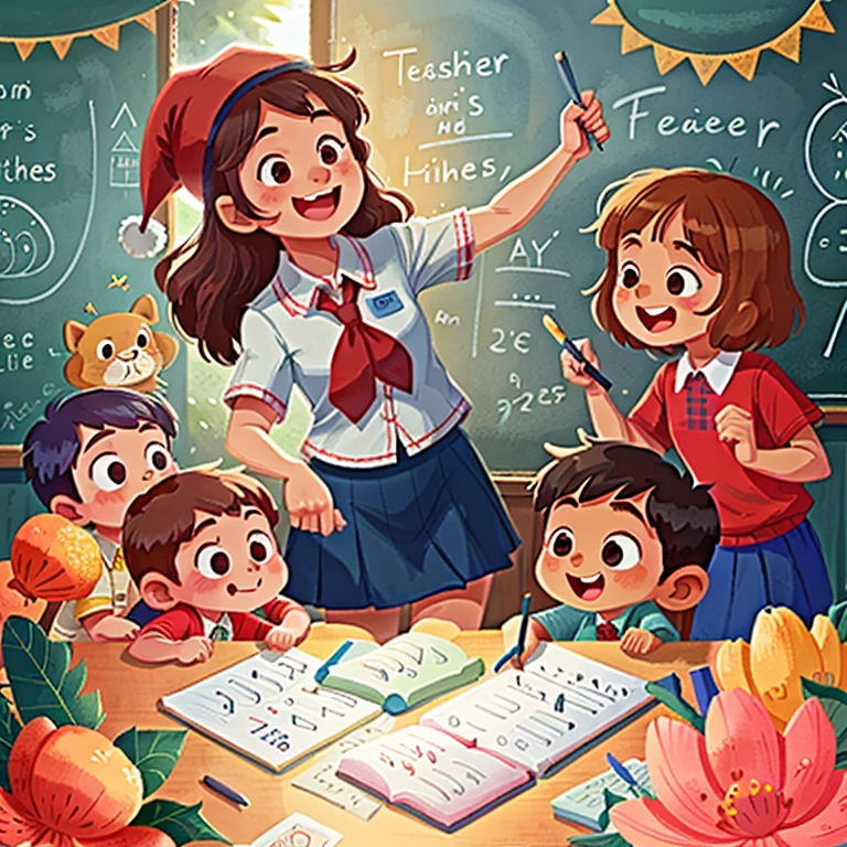 Children and teachers，Teacher's Day，Bless the teacher，Holiday poster，cheerfulness，smile, muslim
