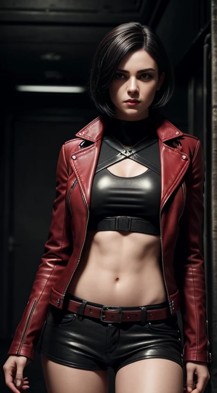 a beautiful 25 years old British female vampire mercenary with short black hair, pale skin, wearing red leather jacket and black tight pants, holding dual handguns, view from front, waist up shot, dynamic pose, ambient lighting, photo realism, intricate face detail, intricate hand details, highly detailed, vibrant colors, cinematic, high definition, trending on Artstation--style raw